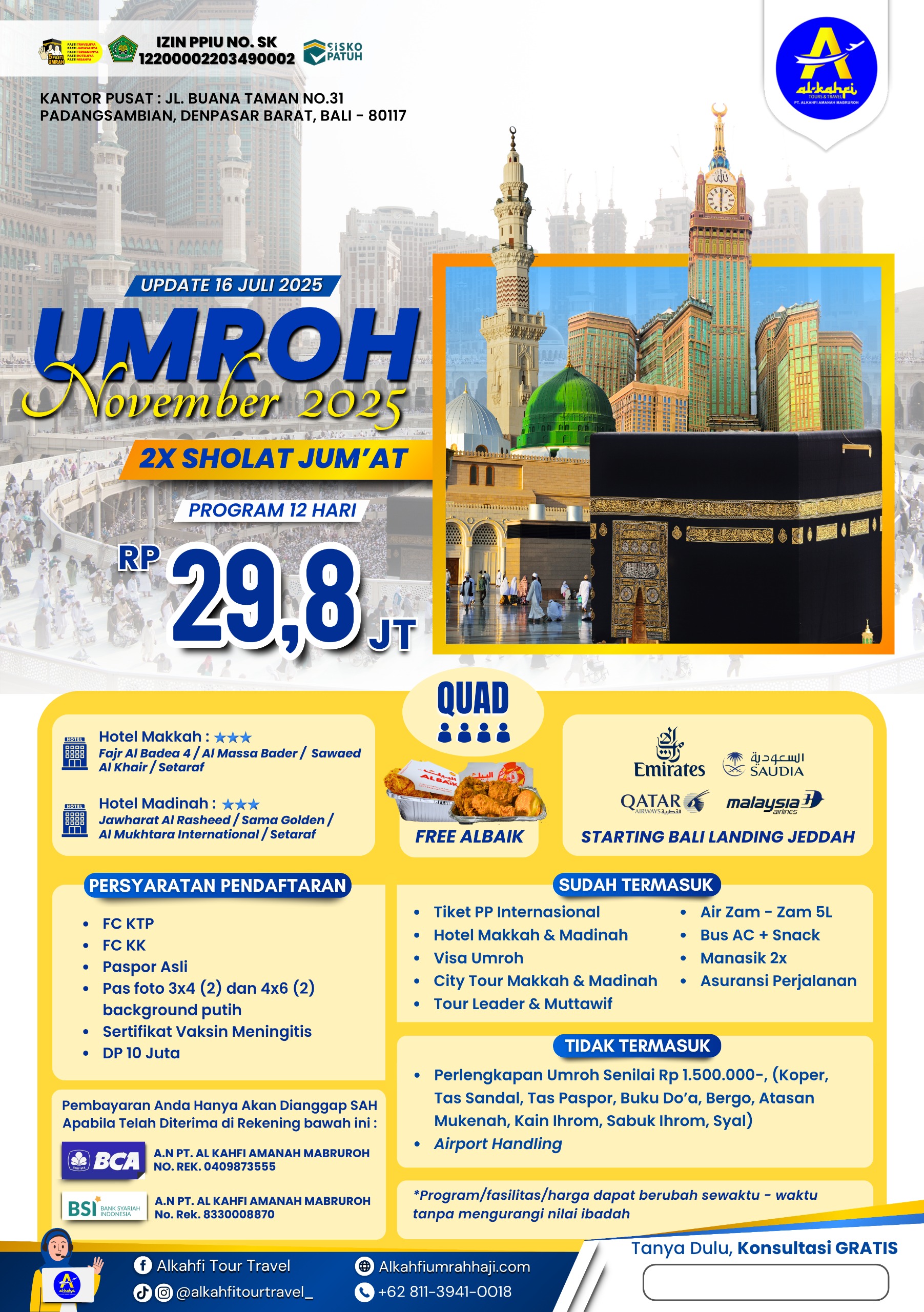 Umroh 26 november 2025 Reguler Alkahfi